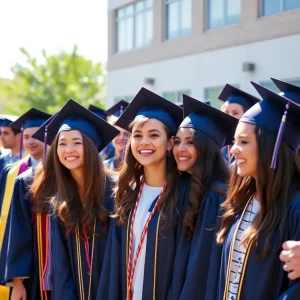 Graduating students celebrating outdoors in caps and gowns.