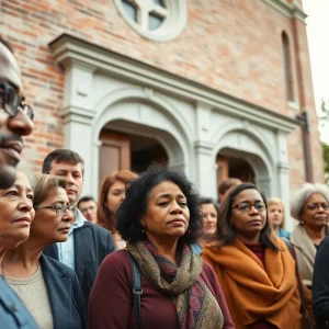 Community gathering outside a church showing emotional reactions.