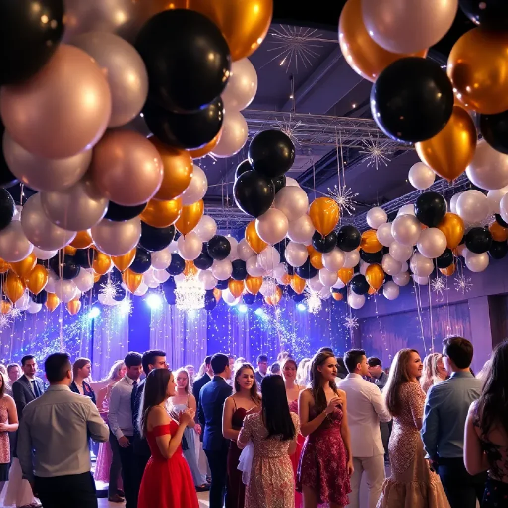 Grand Rapids Montessori students enjoying the prom under city lights decorations.