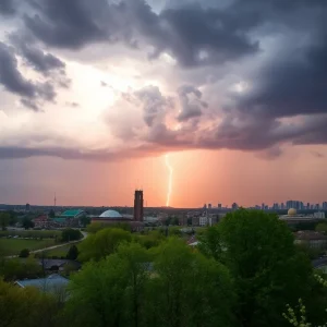 Dramatic storm clouds over West Michigan with visible lightning.
