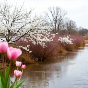 A view of the Grand River in Grand Rapids showing high water levels in spring.